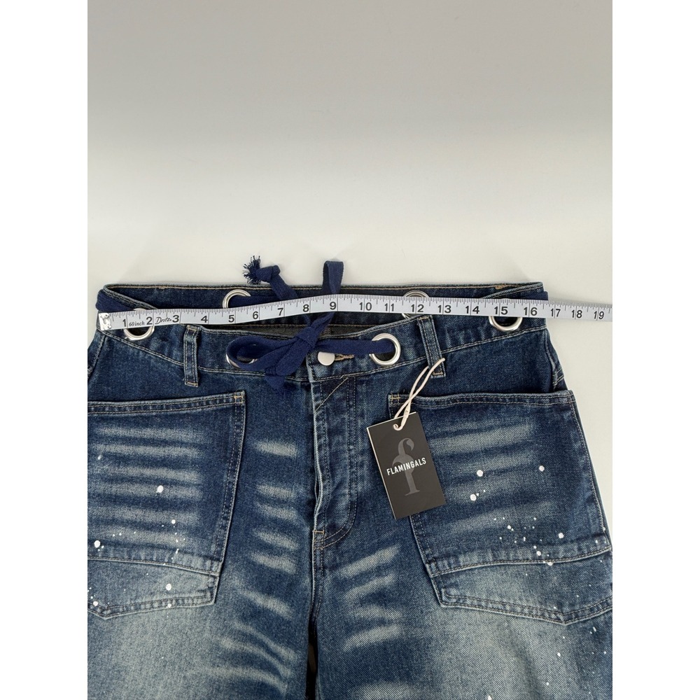 Flamingals Womens Paint Splatter Distressed Cropped Barrel Leg Jeans Blue - Picture 8 of 13